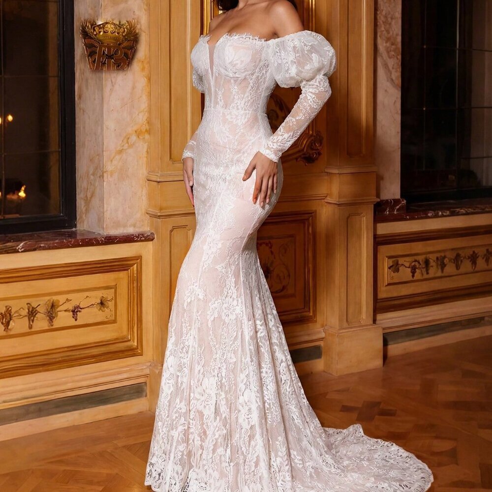 White Elegant Women's Lace Off Shoulder Trailing Dress - Picture 8 of 9